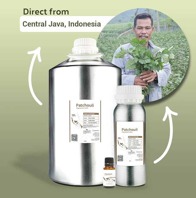 Dark Patchouli Essential Oil - Direct from Java Indonesia Natural Repellent Aceite de Pachulí - Aromatherapy and Premium Therapeutic Grade - Ideal for Body & Candle-Making (22lbs)