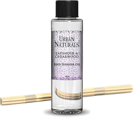 Urban Naturals Reed Diffuser Oil Refill Lavender Cedarwood, Lavender, Cedarwood, Herbal Aromatherapy Blend, 4 oz + Free Reed Sticks, Made in The USA