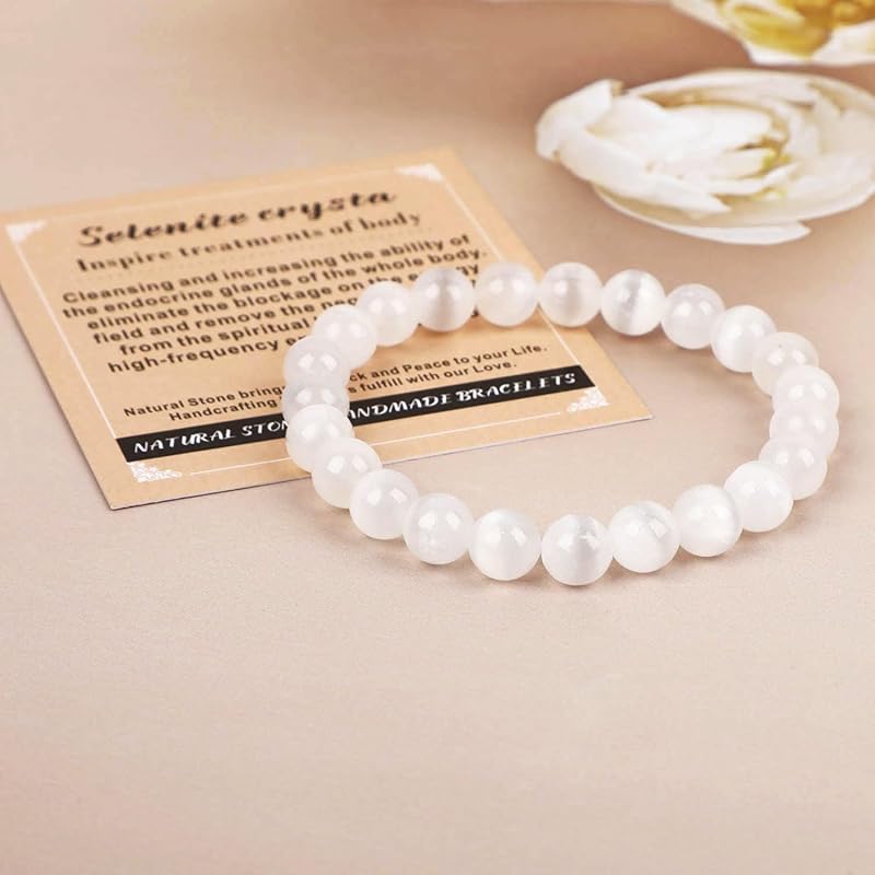 AD Beads Handmade Gemstone Stretch Elastic Bracelet Crystal Healing Reiki Nature's Beauty and Spiritual Essence Unisex (6mm, Selenite Crystal (Inspire treatments))