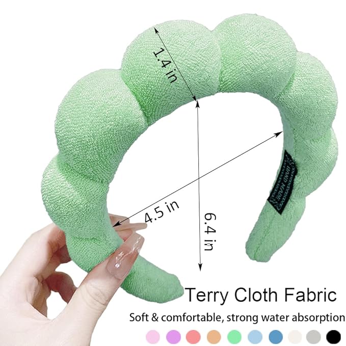 Spa Headbands for Washing Face or Makeup, Sponge Bubble Skincare Headbands, Puffy Terry Cloth Hairband for Women, Skin Care Makeup Headwear Hair Accessories for Girls (Green)