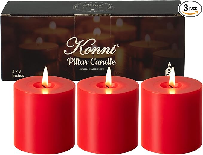 KONNI Red Pillar Candles Set of 3, 3"x 3" Unscented Pillar Candles Bulk, 30 Hours Long Burning Candles, Smokeless and Dripless Large Round Candle for Wedding, Home Decoration, Parties, Spas, Dinner