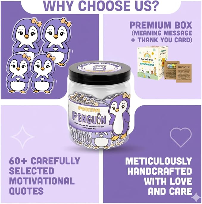 60 Positive Penguin Cards Jar, Affirmation Cards for Women, Emotional Support Penguins, Penguin Gifts for Women, Mom, Penguin Gifts, Penguin Themed Gift, Purple Gift for Girls