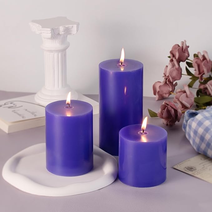 KONNI Violet Pillar Candles Set of 3, 3"x 4" Unscented Pillar Candles Bulk, 39 Hours Long Burning Candles, Smokeless and Dripless Large Round Candle for Wedding, Home Decoration, Parties, Spas, Dinner