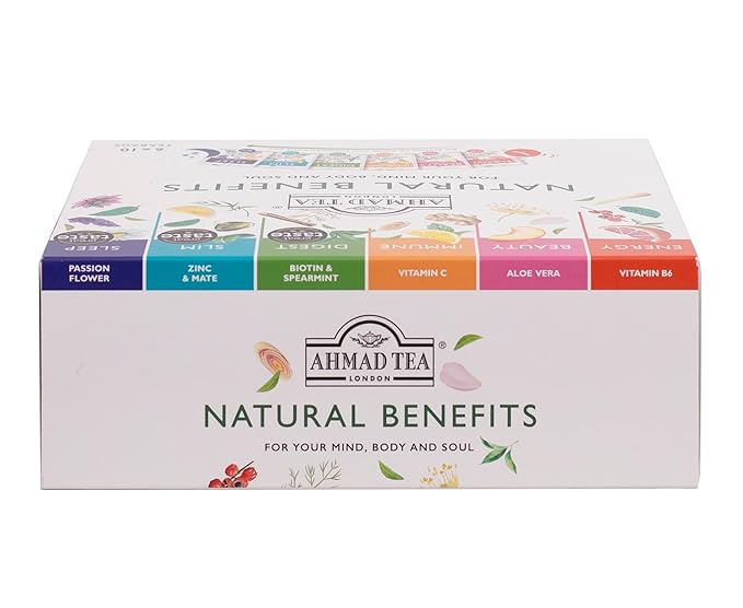 Ahmad Tea Natural Benefit Functional Tea Selection Pack | Green teas, Fruit & Herbal Infusions | Perfect herbal tea gift - 60 Teabag Sachets | 6 blends