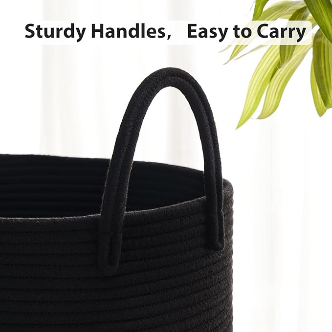 72L Large Woven Laundry Hamper by Fiona's magic, Tall Cotton Rope Storage Basket, Jute Baby Nursery Hamper for Blankets, Toys and Clothes in Bedroom and Living Room Organizing, Black