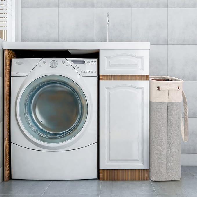 i BKGOO Laundry Basket with Handles Beige&Silver Slim Laundry Bin Collapsible Dirty Clothes Basket Narrow Laundry Bag Foldable Dirty Hamper for Camping, Dorms, Apartments