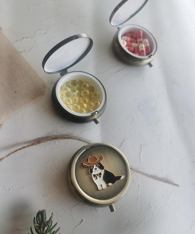 Cute Daily Pill Organizer Box - Round Metal Pill Box Medicine Pill Case Travel Weekly Vitamin Pill Organizer Small Pill Box for Purse, Mini Pocket Pill Case for Purse (Cutedog)