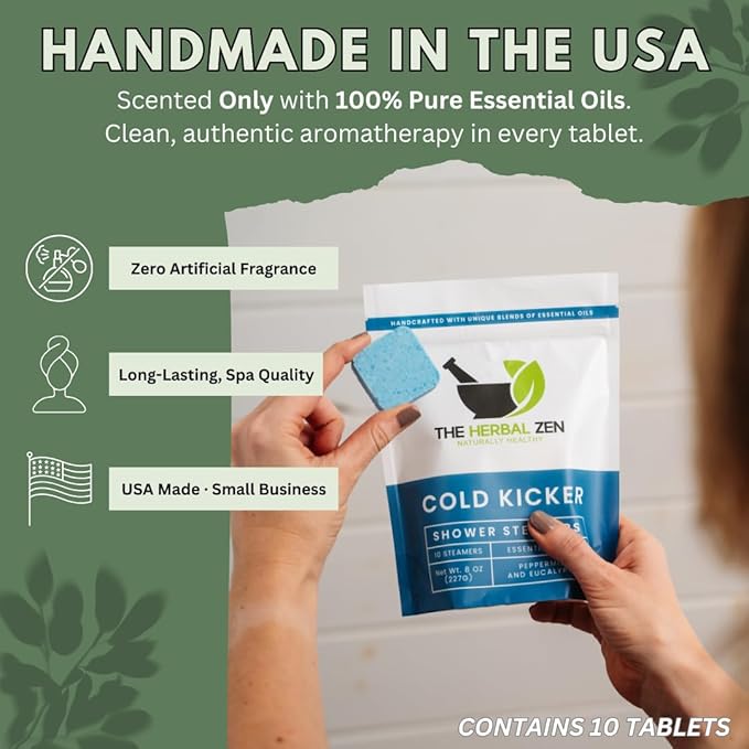 Cold Kicker Shower Steamers Aromatherapy for Sinus Relief - USA Made - Peppermint & Eucalyptus Shower Bomb Tablets – Self Care Gifts for Women and Men – Soothing Natural Essential Oils (10 Pack)