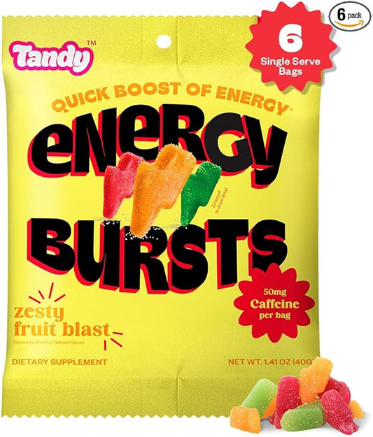Tandy Energy Bursts Caffeine Gummies I Energy Boost Gummies with Zesty Fruit Blast Flavor I Caffeine from Green Tea Extract I Gluten-Free Fast-Acting Dietary Supplement Gummy I 6-Pack