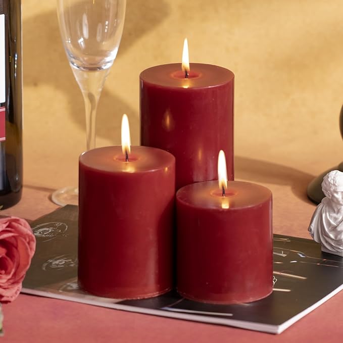 KONNI Dark Red Pillar Candles Set of 3, 3"x 4" Unscented Pillar Candles Bulk, 39 Hours Long Burning Candles, Smokeless&Dripless Large Round Candle for Wedding, Home Decoration, Parties, Spas, Dinner