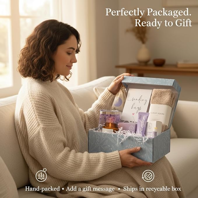 Unboxme Lavender Spa Gift Set – Spa Gift Basket for Women with Candle, Soap, Hand Cream, Mug, Cozy Socks & Card – Self Care Gift Box, Relaxation Gifts for Birthday, Get Well