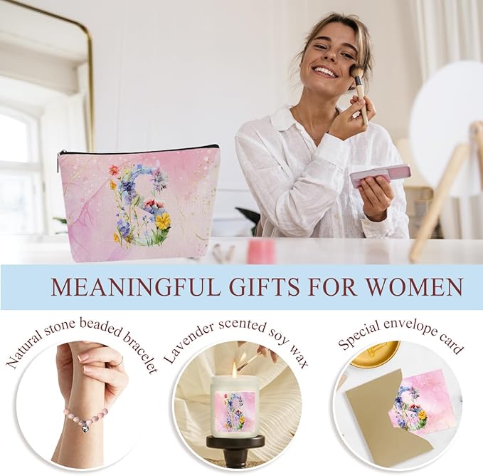 Personalized Gifts Monogrammed Birthday Gifts for Women, New Mom, Grandma Valentine's Day Thank You Christmas, Initial Wine Tumbler Makeup Bag Scented Candle Bracelet Set, (Aesthetic Pink Flower S)