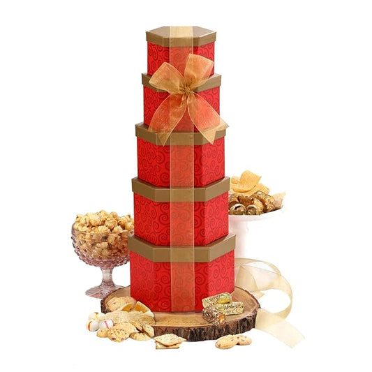 Broadway Basketeers Snacks and Sweets Ruby Red Gift Basket Tower, Anniversary, Birthday, Thinking of You for Women, Mom, Step-Mother, Wife, Girlfriend, Her or Him