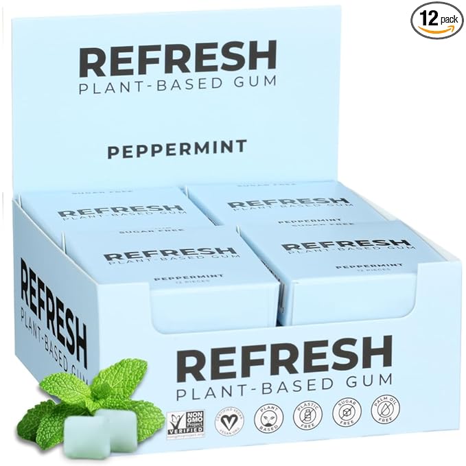 Refresh Gum, Xylitol, Natural, Sugar Free, Plastic Free, Natural Flavors & Organic Ingredients, Plant-Based, Low Calorie, Non GMO, Gluten Free, Vegan, Peppermint, 12 Pcs, 12 Pck