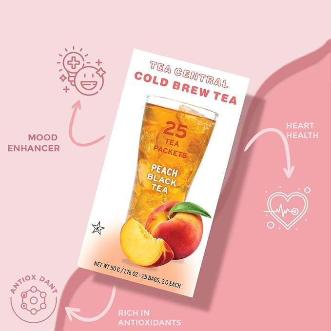 Life Plus Style Gourmet TEA CENTRAL Peach Black Tea Organic Ceylon Black Tea Refreshing Tea Beverages Natural Flavored Cold Brew Peach Tea Bags Everyday Wellness Iced Drink 25 Tea Bags