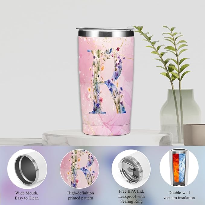 Personalized Gifts Monogrammed Birthday Gifts for Women, New Mom, Grandma Thank You Christmas, Initial 20 oz Tumbler, Makeup Cosmetic Bag Cup Pens Journal Notebook 6 Set, (Aesthetic Pink Flower R)