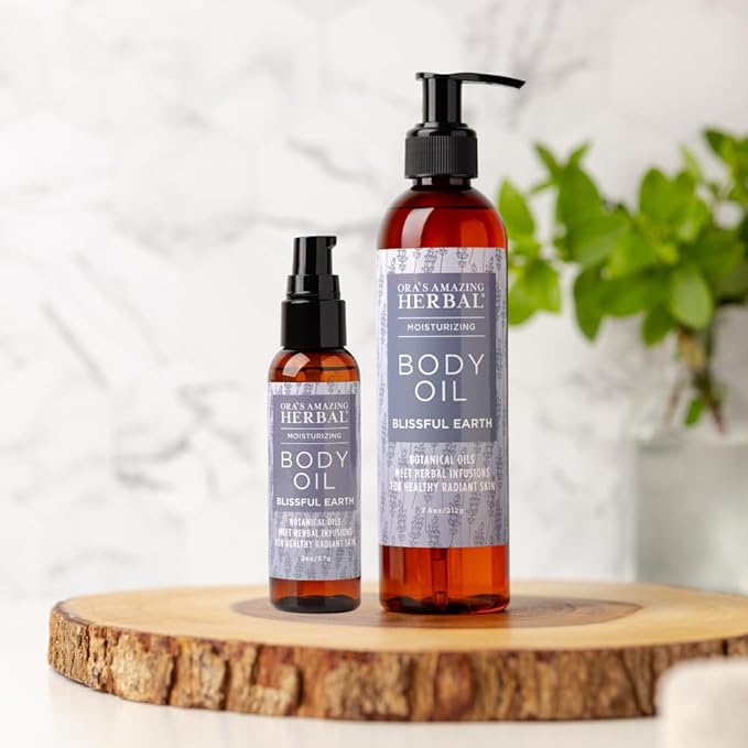 Ora's Amazing Herbal Moisturizing Lavender Body Oil for Women and Men, Nourishing Oil for Dry Skin, Relaxation, Massage Oil, Blissful Earth Scent, 2 oz, Travel Size with Pump