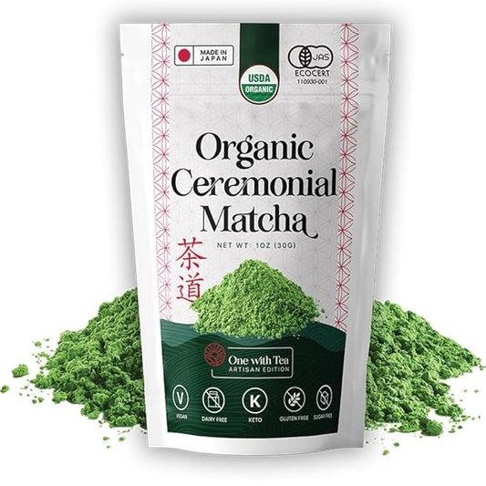 ONE WITH TEA Ceremonial Matcha Powder USDA Organic 1oz – Authentic Japanese Green Tea, Made in Japan | Perfect for Matcha Latte, Hot or Iced Drinks, Smoothies