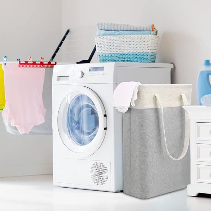 i BKGOO Laundry Basket with Handles Beige&Silver Slim Laundry Bin Collapsible Dirty Clothes Basket Narrow Laundry Bag Foldable Dirty Hamper for Camping, Dorms, Apartments