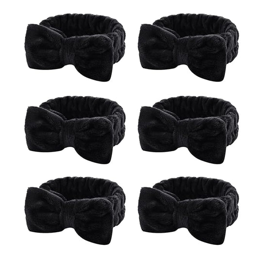 Casoty 6 Pcs Black Spa Headband, Bow Hair Band, Hair Band for Washing Face, Fuzzy Headbands for Women Girls, Soft Coral Fleece Skincare Headbands for Face Washing Shower Yoga