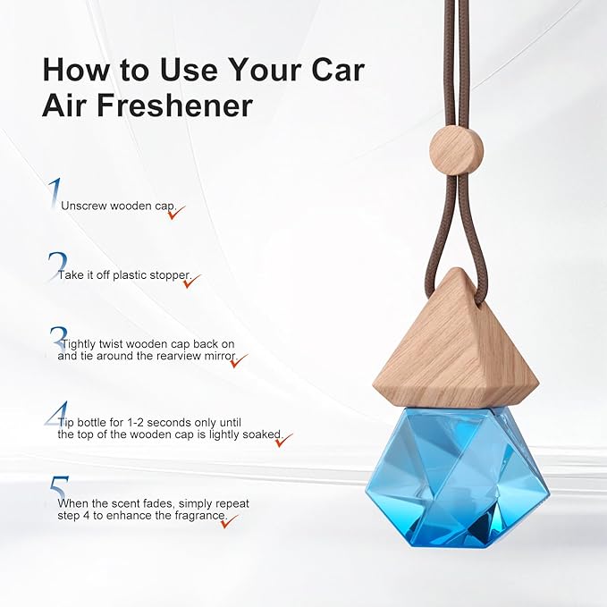 Car Air Freshener Hanging, 2 Pcs Blue Ocean Scent Drift Car Air Freshener, Wooden Fragrance Expanding Bottle Cap, 10ml Per Bottle, Used for Car Decoration and Fresh Air (Ocean)