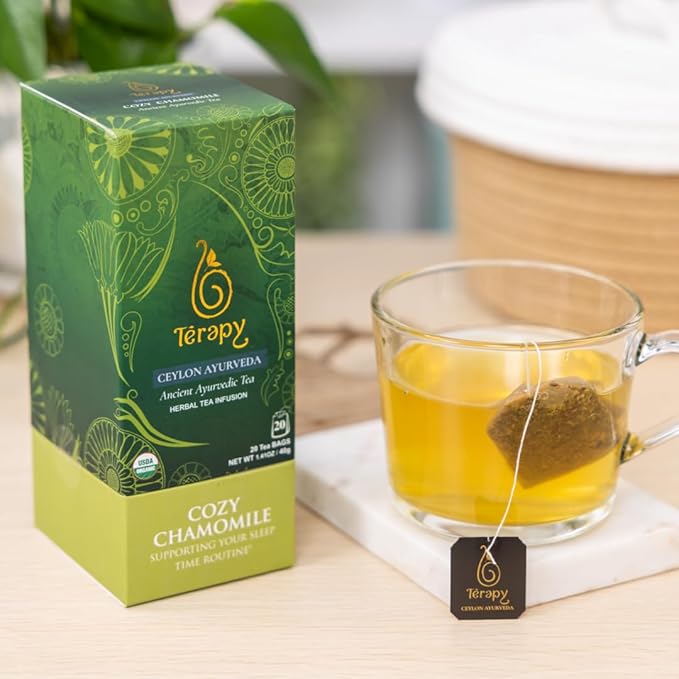 Térapy Ceylon CHAMOMILE TEA | USDA Organic Herbal Tea Bags | 100% Natural Ayurvedic Ingredients including Organic Chamomile, Ashwagandha, Cinnamon & Licorice| 20 Individually Wrapped Tea Bags
