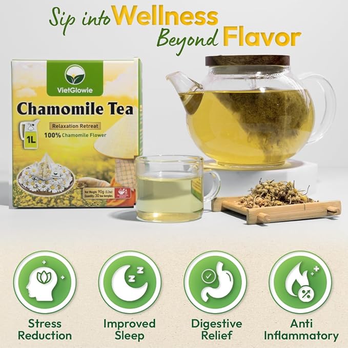 VietGlowie 30 Chamomile Pyramid Tea Bags, 3g/Bag to 33oz, Chamomile Herbal Tea, Bedtime & Sleep Support, Caffeine-Free, 100% Natural, Corn-Based Tea Bags