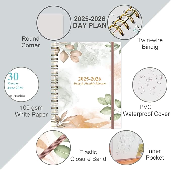 2025-2026 Daily & Monthly Planner - One Page Per Day, Daily Planner from July 2025 to June 2026, Planner 2025-2026 with 12 Monthly Tabs, 8.5" x 11", Rose Leaf