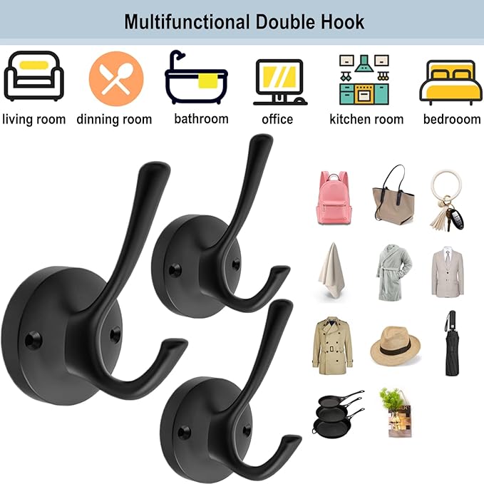 Black Towel Hooks for Wall, 5 Pack Coat Robe Hook Heavy Duty Metal Double Bath Hook Wall Mounted, Hat Hooks for Cubicle Bathroom Kitchen Closet Garage