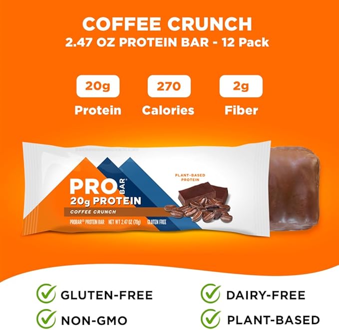 PROBAR - PROTEIN Bar, Coffee Crunch, Non-GMO, Gluten-Free, Healthy, Plant-Based, Whole-Food Ingredients, Natural Energy (12 Count)