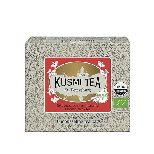 Kusmi Tea - St. Petersburg - Organic Black Tea - Earl Grey Tea - Blend of Black Tea with Red Berries, Caramel, Vanilla & Bergamot - Robust, Caffeinated Tea - 20 Tea Bags