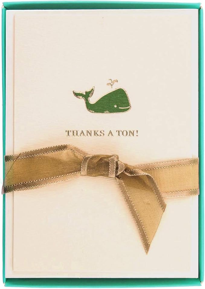 Graphique Whale La Petite Presse Boxed Notecards - 10 Elegant Embossed Green Whale Thanks a Ton! Thank You Cards with Matching Envelopes, 3.25" x 4.75"