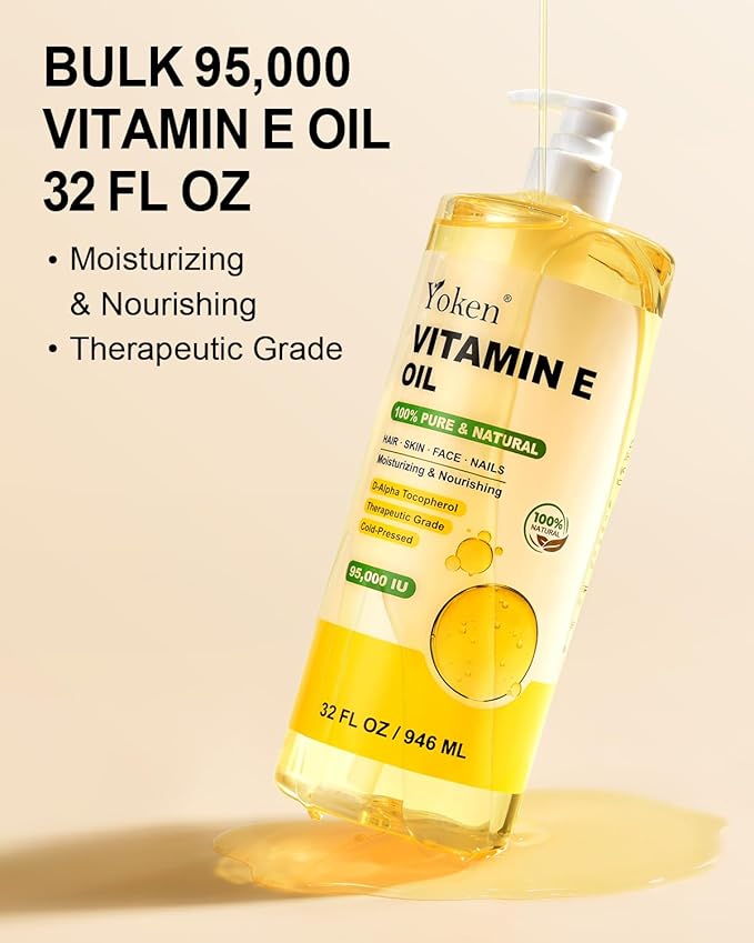 Vitamin E Oil 32 Fl Oz Organic Vitamin E oil for Skin 95,000 IU Vitamine oils for Scars Hair,Face,Nail,Scalp Perfect DIY Bath and Body Oil Cold Pressed Hexane Free Non-GMO Gluten Free Formula