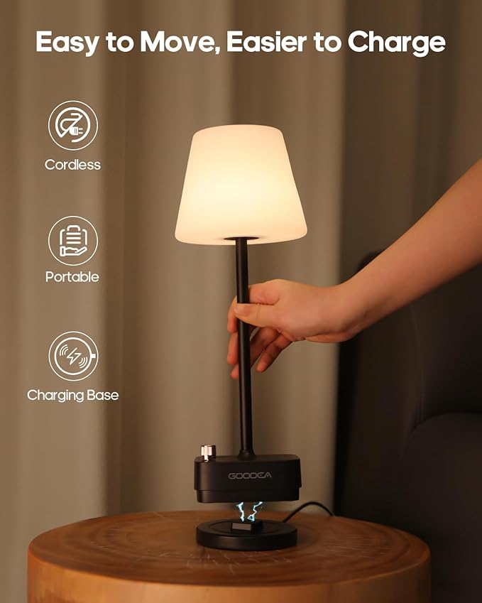 Cordless Table Lamp with Charging Base, Rechargeable 6000mAh Battery Operated Lamp, 3 Color Dimmable Smart Portable Table Light for Restaurant, Bedroom, Home, Kitchen Counter (White lampshade)
