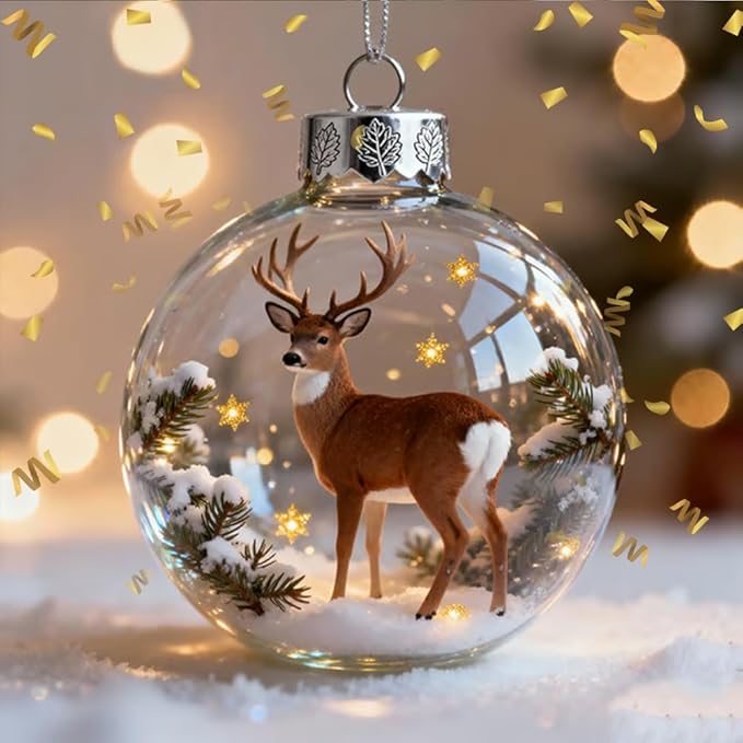 2026 Wildlife Wonders Collection Crystal Glass Ornament, Vivid 3D Animal Christmas Decoration, Clear Plastic Xmas Balls, Luxury Winter Tree Decor Sparkling Star Accents,Holiday Ornaments(Deer)