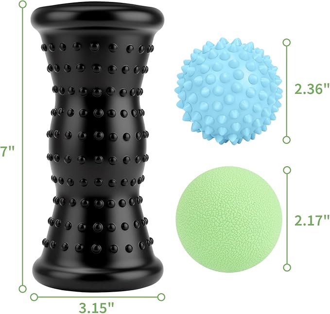 Foot Massager Roller & Massage Lacrosse Ball & Spiky Ball, 3-in-1 Therapy Set for Plantar Fasciitis Relief —Heel Spur, Arch Pain—Back/Neck/Shoulder Trigger Point & Deep Tissue Massage