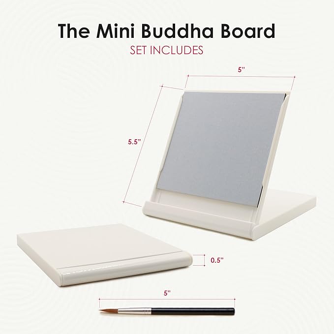 Mini Buddha Board Art Set: Water Drawing Writing Board w/Mini Water Brush for Mindfulness & Meditation – Inkless Zen Based Drawing Board, Painting & Art Supplies, Ideal Relaxation Gift (5”x5” White)