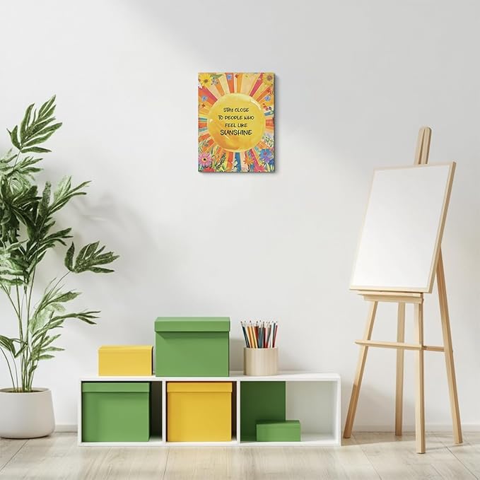 Inspirational Quotes Wall Art Decor, Stay Close to People Who Like Sunshine Framed Canvas Wall Art for Girls Room Nursery Home Living Bedroom Office Decor Sunshine Encouragements Gifts