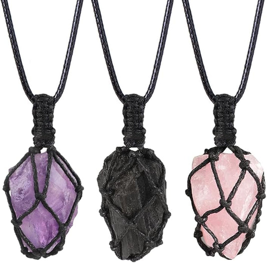 Handmade Natural Gemstone Crystal Pendant Necklace Stone Holder Necklace Cord Net Necklace with Adjustable Length for Women Men
