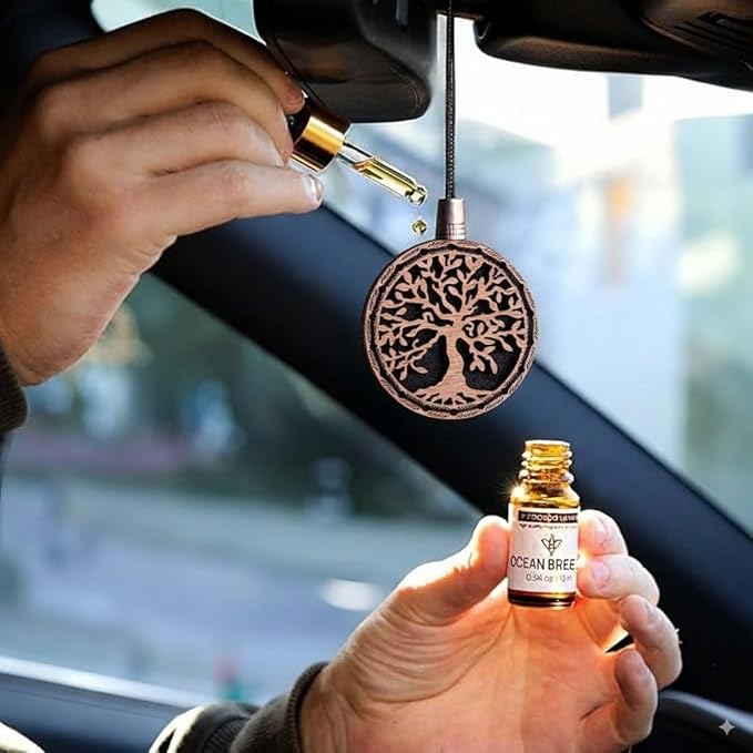 Wood Car Air Freshener — Handmade Car Air Freshener — Tree Of Life Designed Fragrance Oil Diffuser in Wooden Gift Box — Aromatherapy Gift Set with Ocean Breeze Fragrance Oil - 10 ml