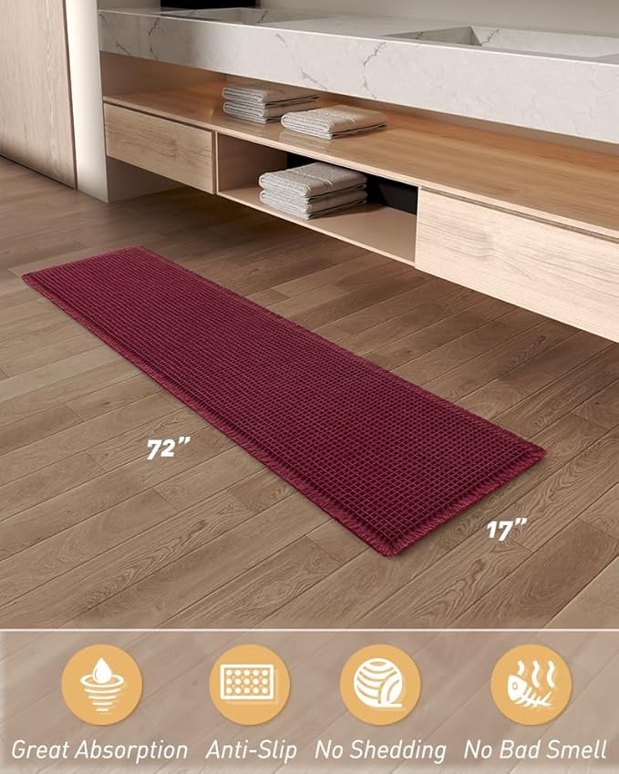 AMOAMI Upgraded Waffle Runner Rug Super Absorbent Non Slip Bath Mats for Bathroom Machine Washable Bathroom Runner Rug with Tassels, Ideal for Hallway Bedroom Laundry Room, 17" x 72", Burgundy
