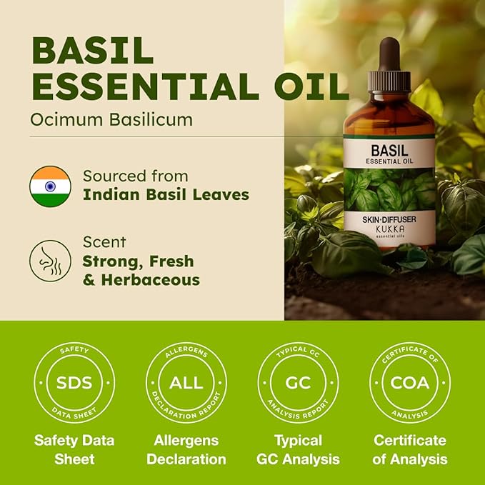 KUKKA Basil Essential Oils - 4 Fl Oz - for Hair, Skin, Diffuser, Aromatherapy & DIY Soap Making Scent