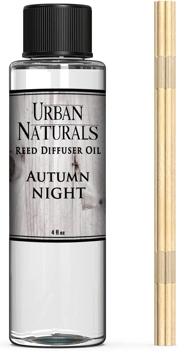 Urban Naturals Autumn Night Reed Diffuser Refill Oil with Free Set of Reed Sticks. Woodsy Fall Scent – Cinnamon, Nutmeg, Clove, Apple, Cedar & Sandalwood, 4 oz