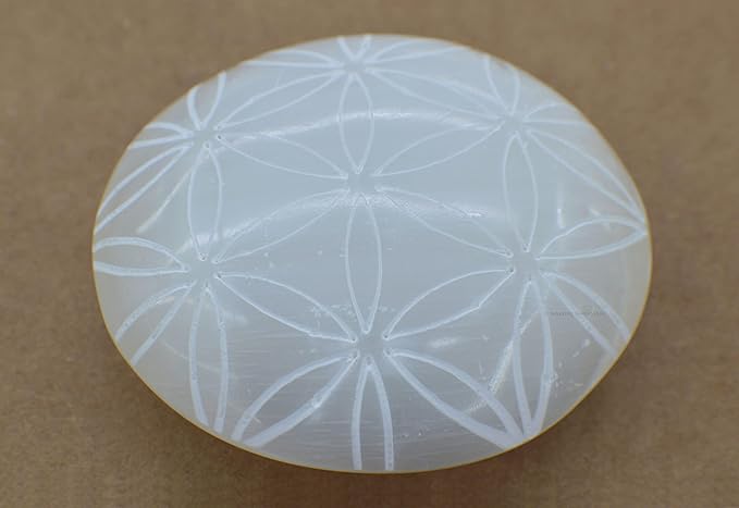 Amazing Gemstone Selenite Palm Stone - Flower of Life Engraved Hot Massage Worry Stone for Natural Body Chakra Balancing, Reiki Healing and Crystal Grid