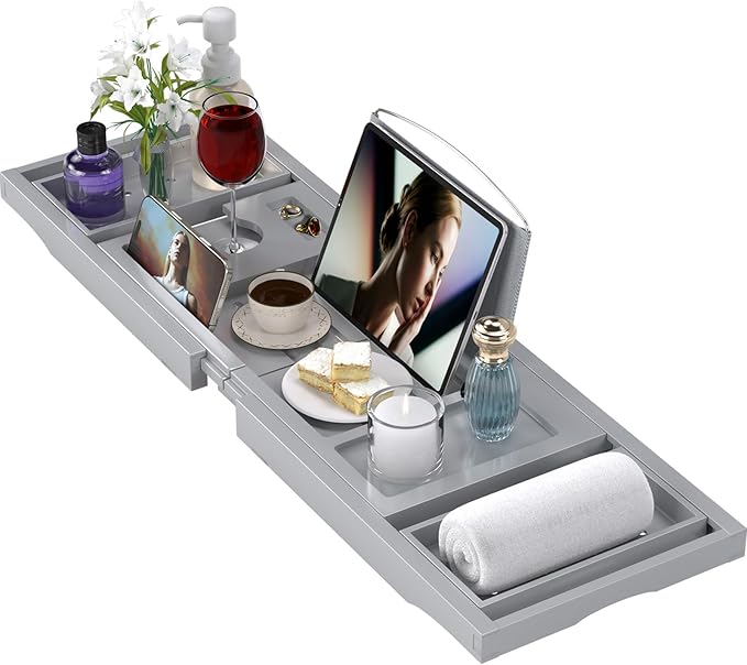 Bathtub Tray Caddy, Expandable Bath Trays for Tub, Bamboo Shelf & Table with Wine Glass Holder,Bathroom Accessories for New Home & Mothers Day & Birthday Gifts for Mom,Gray