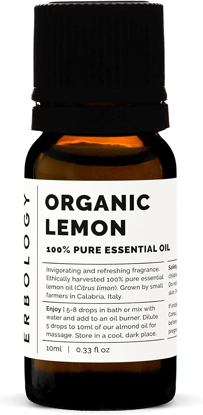 Erbology Organic Pure Lemon Essential Oil 0.34 fl oz - Refreshing & Invigorating - Small Batch - Sustainably Sourced Straight from Farm in Italy