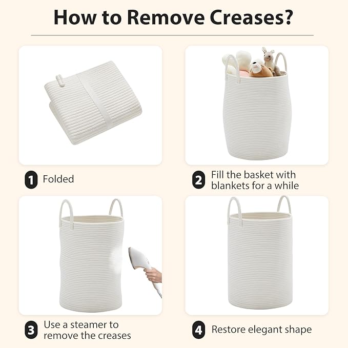 Fiona's magic 72L Large Woven Laundry Hamper, Tall Cotton Rope Storage Basket, Jute Baby Nursery Hamper for Blankets, Toys and Clothes in Bedroom and Living Room Organizing, White