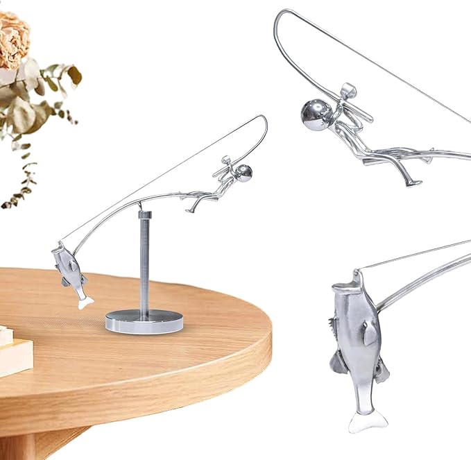 Kinetic Fishing Sculpture, Balance Art for Your Space, Metal Fishing Statue Home Office Desktop Ornament for Home Office Art Deco-B