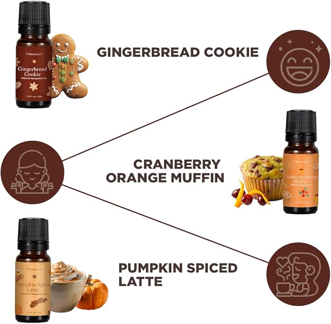 Folkulture Essential Oils for Home | Set of 6 (0.34 fl oz x 6) Fall Essential Oils or Diffuser Oil for Relaxation | Pumpkin Spice, Vanilla Essential Oil or Fall Scents | Fall Essentials for Women