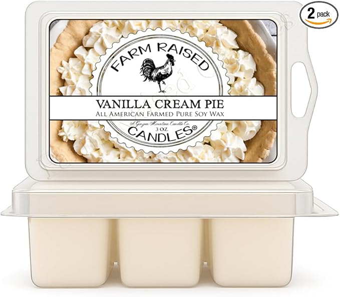 Farm Raised Candles - Vanilla Cream Pie Wax Melts 2-Pack (6 oz) | 100% American Soy Wax • Hand-Poured • Sweet Bakery Scent • Pet Safe • Gift Ready • 6 Cubes Each